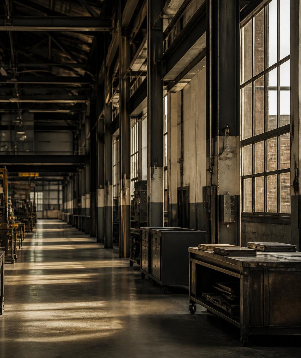 Interior of an American manufacturing plant where standardized industrial materials are used.